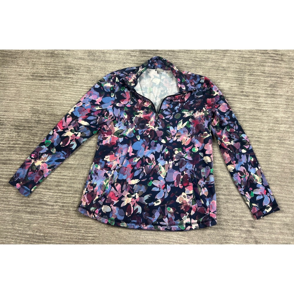 T by Talbots Pullover Women Medium Multicolor Floral Quarter-Zip Mock Neck Top